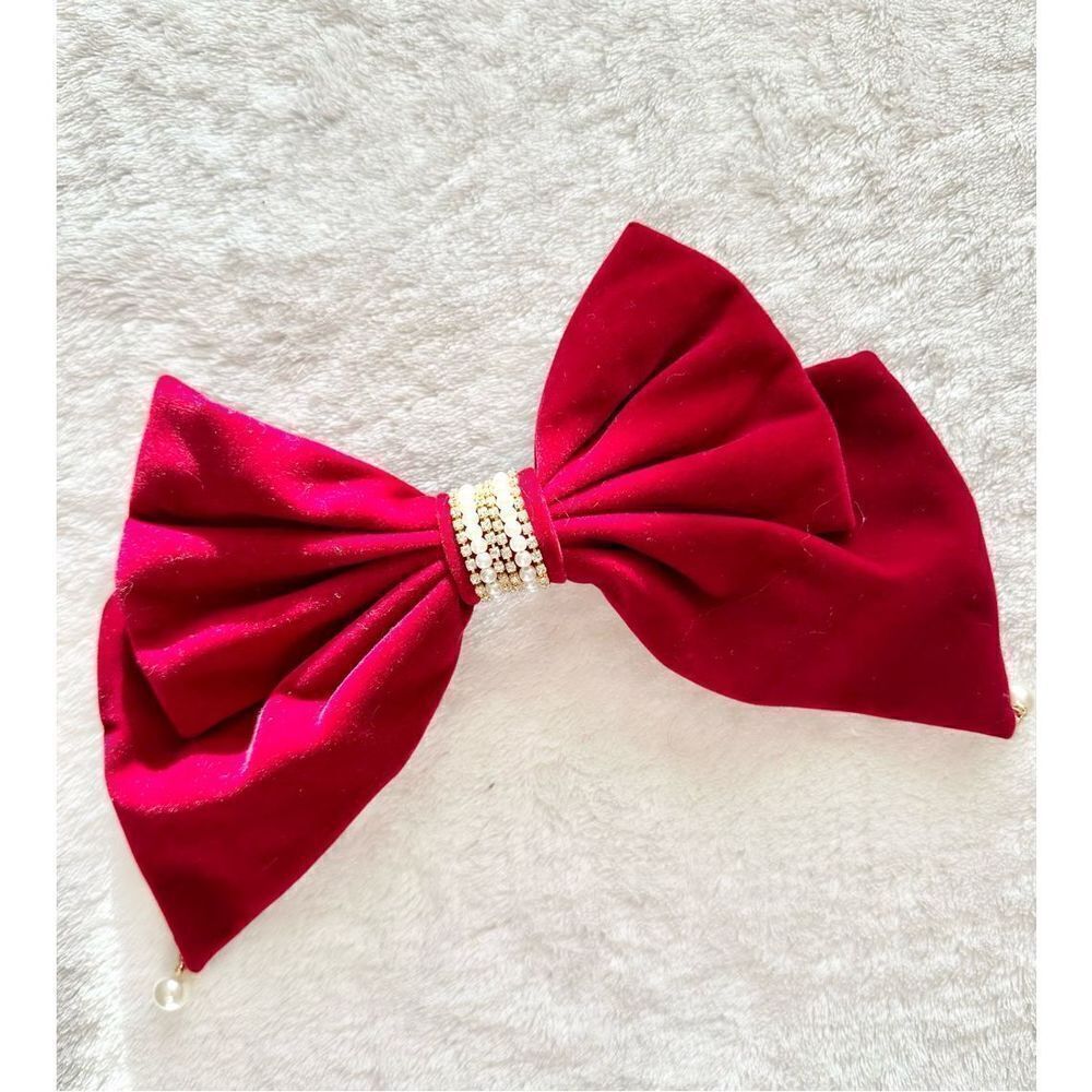 red velvet bow with faux pear and rhinestone accents